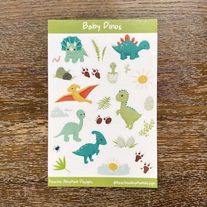 Stickers bébé dinosaure - Feuille d'autocollants dinosaures dessinés à la main - parfaits pour tenir un journal, faire du scrapbooking, etc. - Adorables animaux préhistoriques, insectes, plantes
