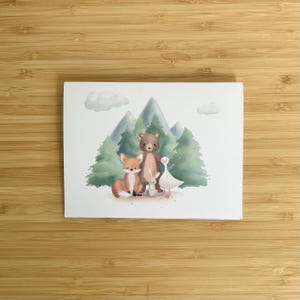 Jolie carte avec des animaux des bois - style aquarelle ours, renard, lapin, oie, forêt - oeuvre d'art originale dessinée à la main - baby shower, anniversaire, etc.