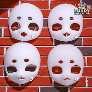 May include: Four white plastic doll head blanks with different facial features. The blanks are numbered 1 through 4. The blanks are against a red brick wall. The text "FURRY DREAM LAB" is visible in the top right corner of the image.