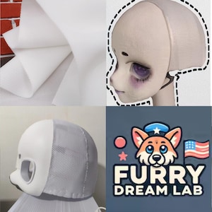 May include: A collage of images featuring materials and components for crafting. Includes white fabric, a doll head with a wig cap, and a furry mask. The Furry Dream Lab logo is also present, featuring a cartoon fox.