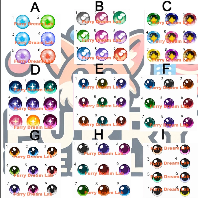May include: A set of 9 different eye designs for digital art, each with a unique color scheme and sparkle effect. The designs are labeled with numbers 1 through 9 and the text "Furry Dream Lab".