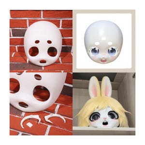 May include: A collection of doll face components, including a blank white mask with large eye and mouth openings, a finished doll face with large blue eyes, and a bunny doll head with yellow hair and large eyes.
