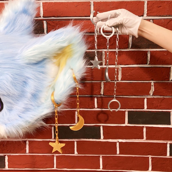 Fursuit Cosplay Ear Chain Headband Mechanical Ears 3D Printed Gold Star Moon Clip On Earring for Costume Festival Beast Headwear Animal Gift