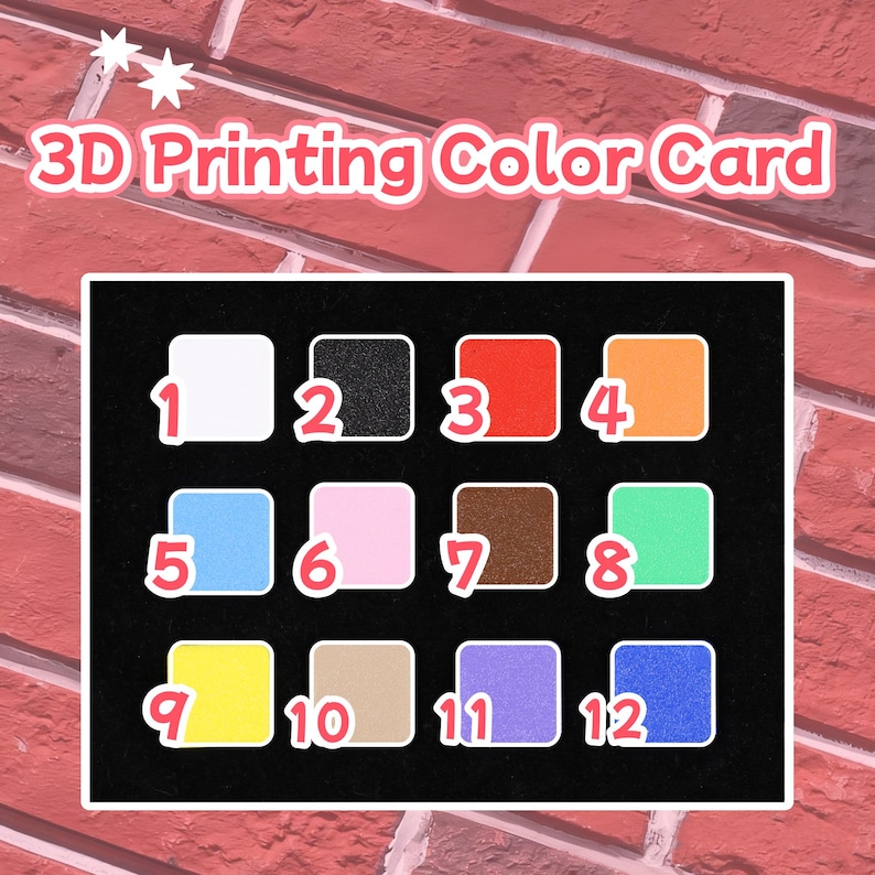 Puede incluir: Una tarjeta de colores de impresi&oacute;n 3D con un fondo negro y doce muestras de colores numeradas. Las muestras incluyen blanco, negro, rojo, naranja, azul, rosa, marr&oacute;n, verde, amarillo, beige, morado y azul oscuro. El texto "3D Printing Color Card" se muestra arriba.