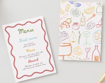 Puede incluir: Una tarjeta de menú blanca con un borde rojo y un borde ondulado. La tarjeta de menú enumera los platos de una comida: Primer plato, Platos principales y Postre. El texto está escrito en estilo manuscrito. El fondo es una tarjeta blanca con un patrón colorido de alimentos y bebidas.