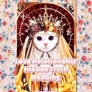 May include: A tarot card featuring a white cat wearing a crown and a veil. The card has the text "Love Relationship Hidden Truth Reading" and "Misty Rain Tarot" on it.