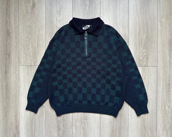 Vintage Monte Carlo Herren Schachbrett Quarter Zip Pullover, Hergestellt in Italien Polo Pullover, 90er Jahre Grunge Strickwaren Größe 54 Passend für M-L