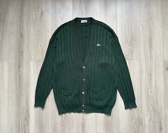 Vintage Chemise Lacoste Cardigan Green, Made in France, 80s Wool Blend Knit Sweater, Rare Lacoste Izod Style Jumper, size 7 (XXL)