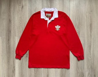 Camiseta de rugby de Gales de los años 90, polo de manga larga de algodón Traders Classics, color rojo, talla grande para hombre, fabricado en Hong Kong.