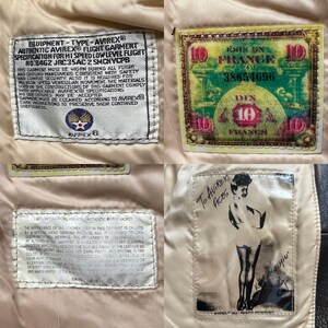 May include: A collection of four interior garment labels from an Avirex flight jacket. One label details specifications, another features a French ten-franc banknote graphic, a third provides leather care instructions, and the fourth shows a pin-up illustration.