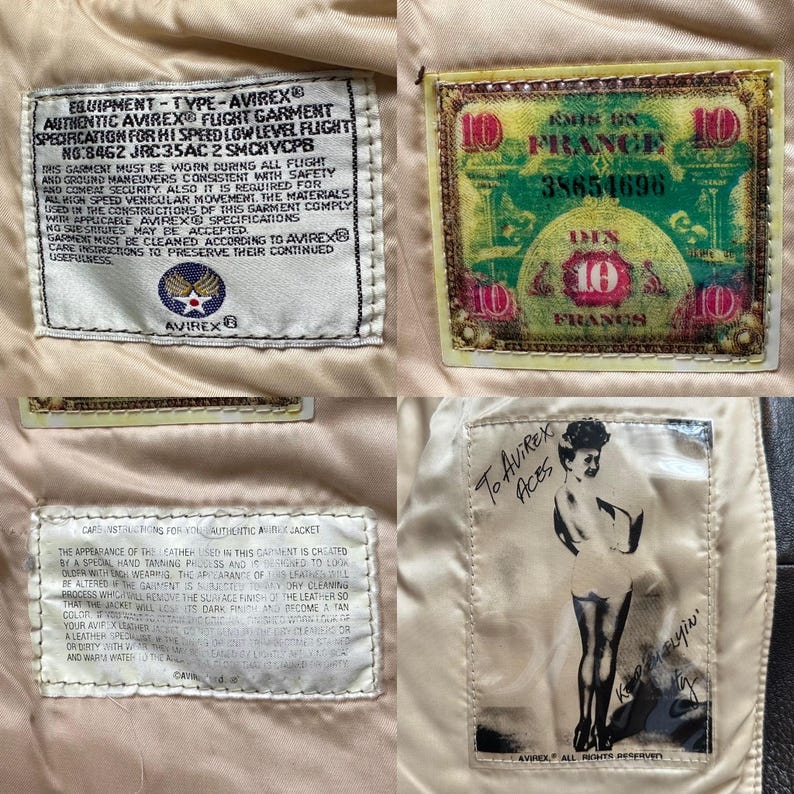 May include: A collection of four interior garment labels from an Avirex flight jacket. One label details specifications, another features a French ten-franc banknote graphic, a third provides leather care instructions, and the fourth shows a pin-up illustration.
