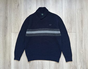Vintage Fred Perry Schalkragen Pullover Navy Blau Waffel Strick Pullover, 90er Jahre Y2K Italymade Wollstrick strickware grösse XL