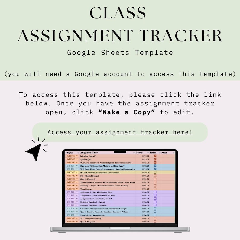 Class Assignment Tracker, Google Sheets Assignment Tracker, Digital ...