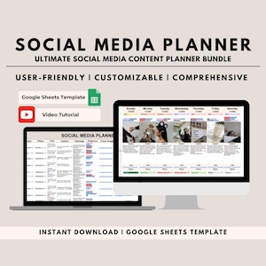 May include: A computer screen displaying a Google Sheets template for social media planning. The template includes columns for pillars, CTA, caption, hashtags, platforms, and cover image. The screen is on a laptop computer with a white background.