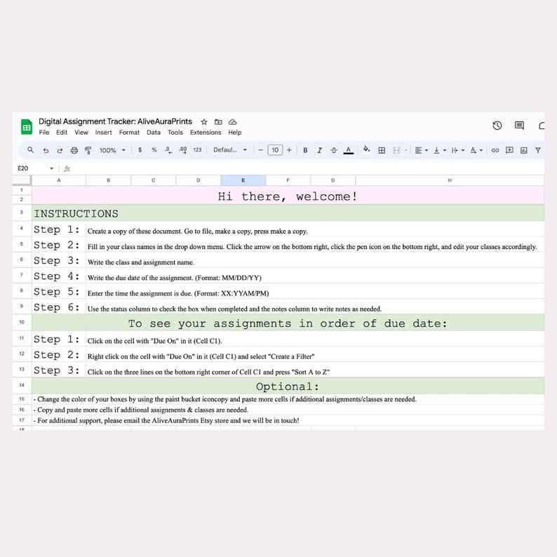 Class Assignment Tracker, Google Sheets Assignment Tracker, Digital ...