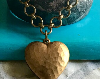 Big Heart, Brass Heart Necklace, Affection, Anniversary gifts, Vintage Brass Heart Pendant