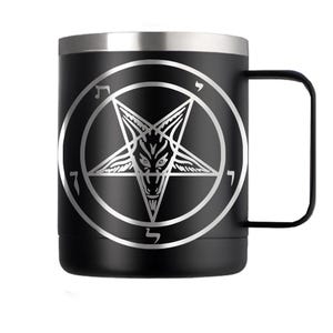 May include: Black travel mug with a silver rim and handle. The mug features a white pentagram design within a circle. The pentagram has a goat's head in the center. The mug is designed for hot or cold beverages.