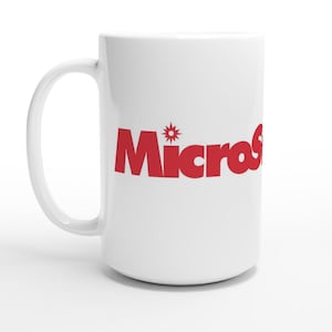 May include: White ceramic mug with a red Microsoft logo featuring the word "Microsoft" and a red star.