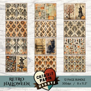 Könnte beinhalten: Ein digitales Papierpaket mit 12 Seiten im Retro-Halloween-Stil. Die Seiten enthalten verschiedene Muster, Illustrationen und Designs, wie zum Beispiel Kürbisse, Katzen, Hexen und Vintage-Damastmuster. Das Papierpaket ist perfekt für Scrapbooking, Kartenherstellung und andere Bastelprojekte.