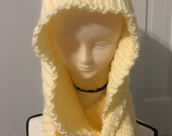 Crochet Hooded Butter Cream/Pale Yellow Infinity Scarf One Size Adult