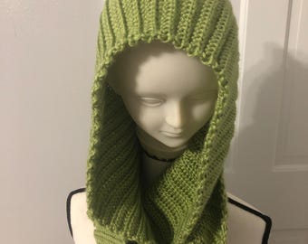 Crochet Hooded Pistachio Green Infinity Scarf One Size Adult