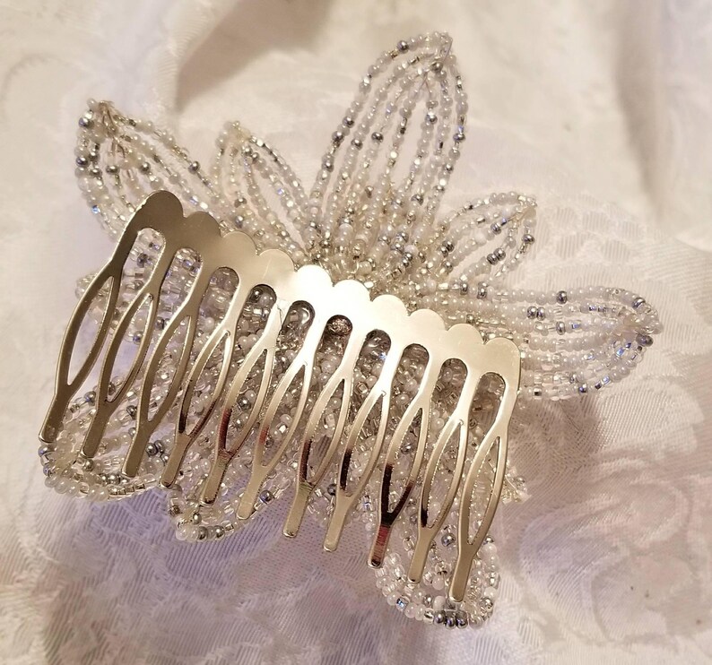 Silver and White Poinsettia Flower Hair Comb, French Beaded Flower, Decorative Hair Accessories, Floral Hair Comb, Flower Hair Comb image 5