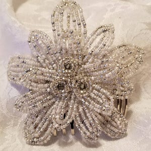 Silver and White Poinsettia Flower Hair Comb, French Beaded Flower, Decorative Hair Accessories, Floral Hair Comb, Flower Hair Comb image 2