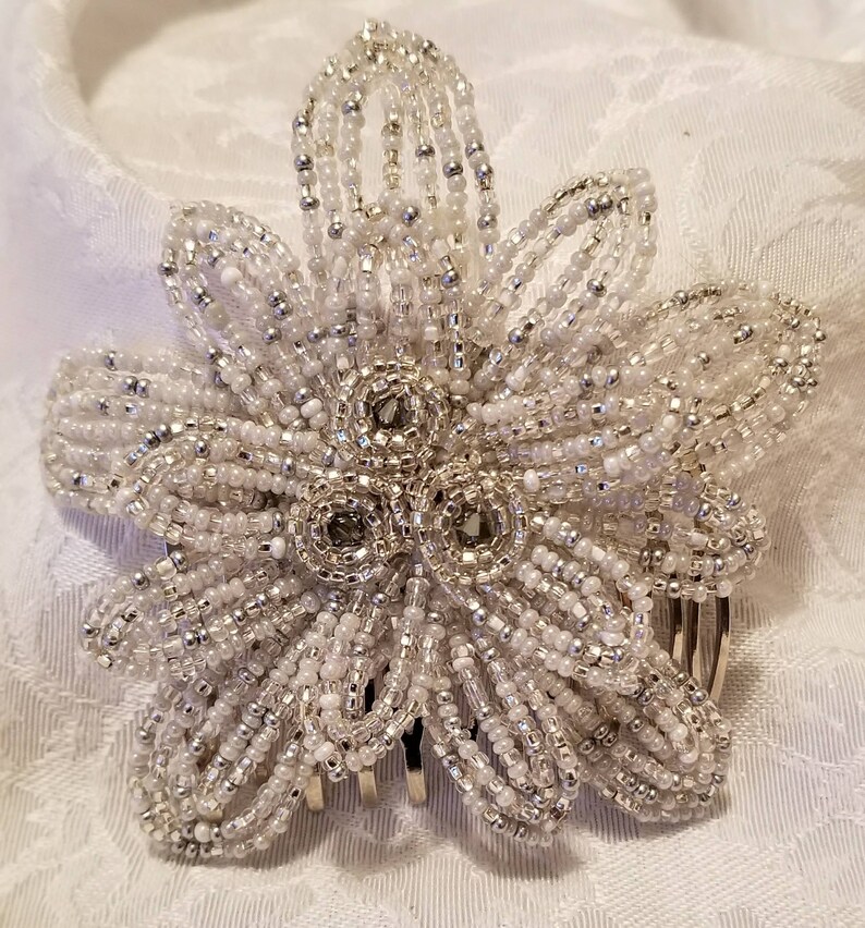 Silver and White Poinsettia Flower Hair Comb, French Beaded Flower, Decorative Hair Accessories, Floral Hair Comb, Flower Hair Comb image 2