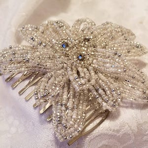 Silver and White Poinsettia Flower Hair Comb, French Beaded Flower, Decorative Hair Accessories, Floral Hair Comb, Flower Hair Comb image 4