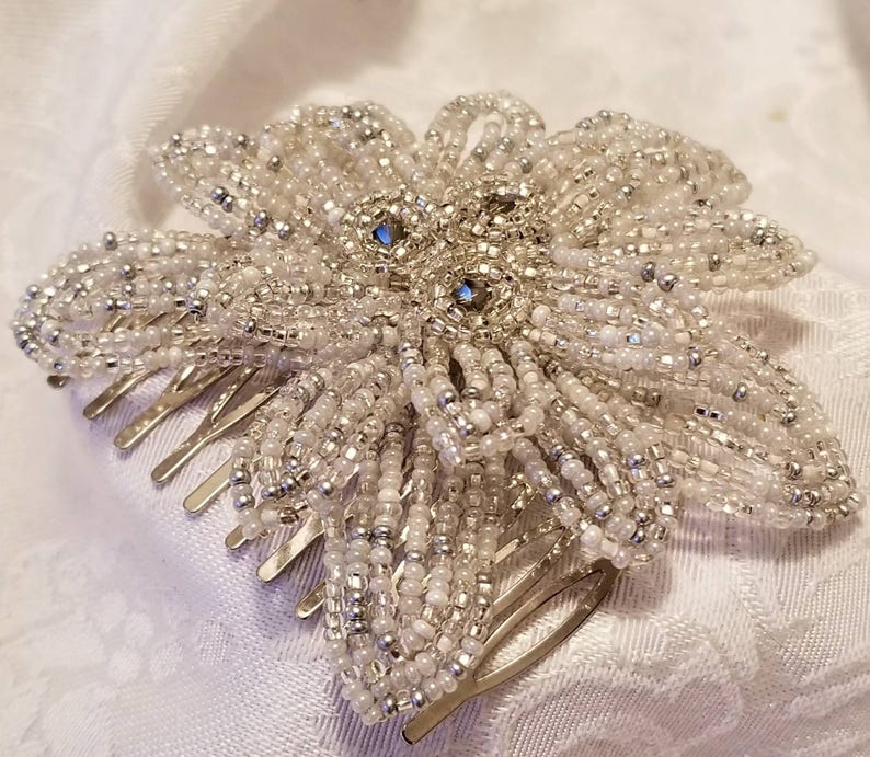 Silver and White Poinsettia Flower Hair Comb, French Beaded Flower, Decorative Hair Accessories, Floral Hair Comb, Flower Hair Comb image 4