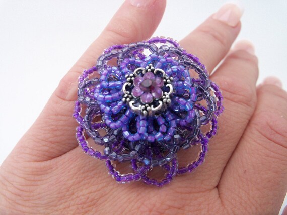 Items similar to Handmade French Beaded Flower Cocktail Ring Purple ...
