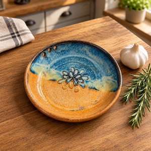 May include: A round ceramic bowl featuring a two-tone glaze with a deep blue upper section and a warm amber lower section. The center displays a raised, dark-outlined floral motif, and the rim includes three small circular holes.