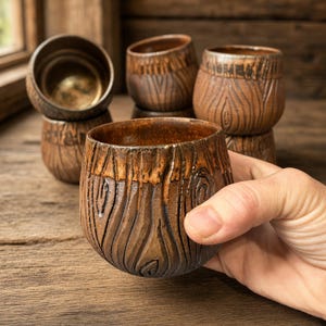 May include: A set of rounded ceramic cups featuring a textured brown exterior with a carved wood grain pattern. Each cup has a smooth, glazed interior and a slightly flared rim. The surface displays varying shades of brown and dark earth tones.