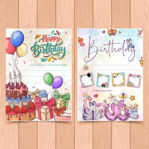 Conjunto de cartões de aniversário, cartão de desejos de aniversário, download instantâneo, design para impressão, cartão de aniversário em aquarela, conjunto de design personalizado, presentes de aniversário