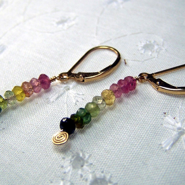 Tourmaline Earrings - Rainbow of Faceted Tourmaline gemstones - Lever Back Gold Vermeil - Pink Green Yellow Black - Watermelon - Leverback