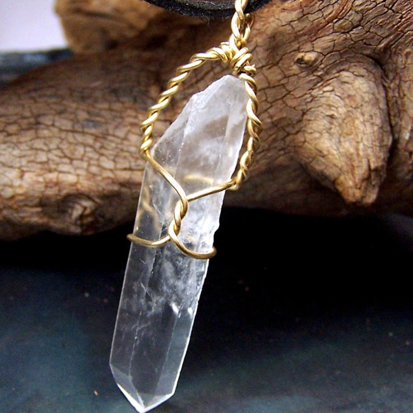 Quartz Crystal wire wrap pendant - Necklace -  gold wire wrapped - Terminated Quartz Crystal point raw -  clear natural red brass