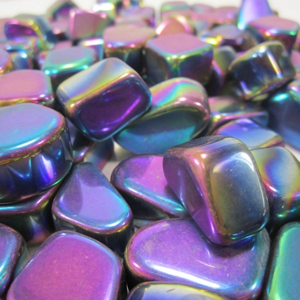 ONE Aura Hematite stone - Tumbled Polished - selected at random - from Brazil electroplated rainbow lustre - black stone - *p7