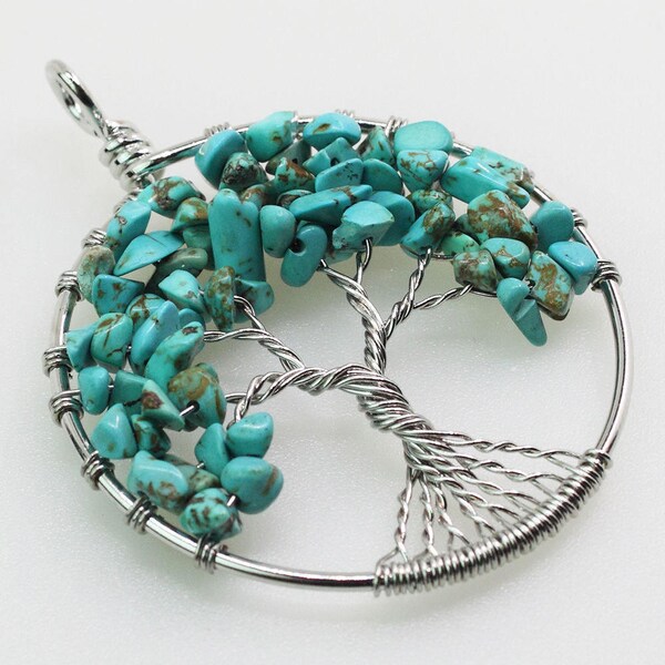 Turquoise Tree of Life pendant - blue green crystal stone chip beads circle - or made to order necklace with cord chain silver round R8R8