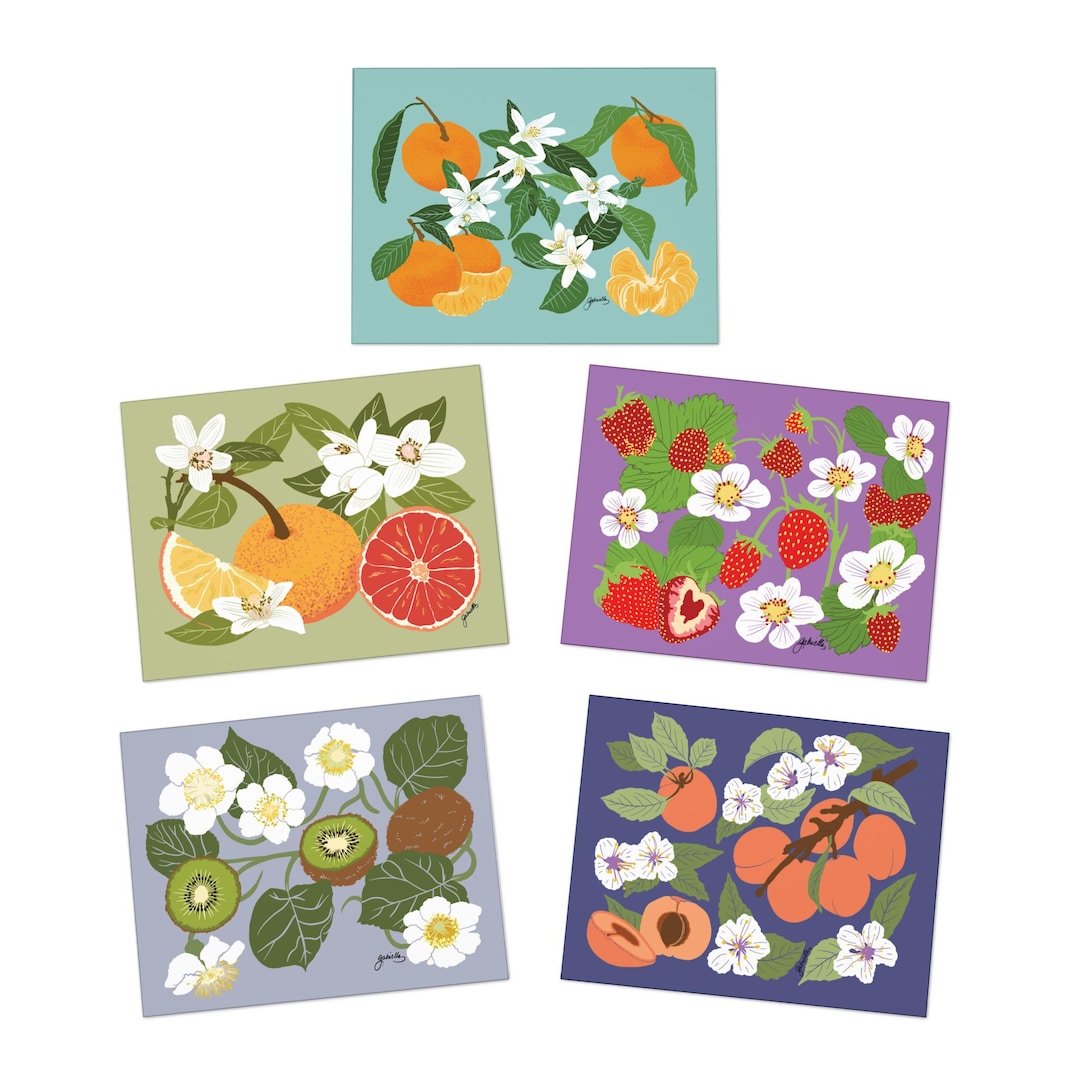 Fruits Flowers Leaves Note Card Set 1 Five Different Fruit Floral ...
