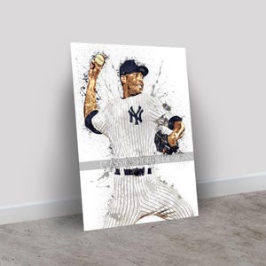 May include: A watercolor-style print of a baseball player in a pinstripe uniform, throwing a baseball. The player is wearing a cap and the New York Yankees logo is visible on the jersey. The artwork has a splattered paint effect.
