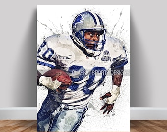 May include: A watercolour illustration of a football player wearing a blue and white uniform with a white helmet and a football in his hands. The background is white with blue and white paint splatters.