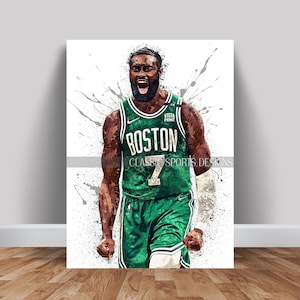 May include: A digital painting of a basketball player wearing a green and white Boston Celtics jersey with the number 7 on the front. The player is wearing black shorts and has a determined expression on his face. The background is a white splatter pattern.