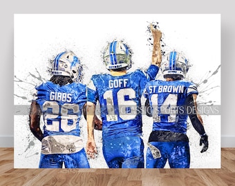 Jared Goff Poster, Amon-Ra St. Brown, Jahmyr Gibbs, Detroit Lions Big Three, Canvas Wrap, Wall Art Print, Kids Decor, Man Cave, Sports Art