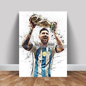 K&ouml;nnte beinhalten: Ein Aquarellbild eines Fu&szlig;ballspielers, der eine goldene Troph&auml;e hochh&auml;lt. Der Spieler tr&auml;gt ein blau-wei&szlig; gestreiftes Trikot mit dem Wort "AFA" auf der Vorderseite. Der Hintergrund ist wei&szlig; mit Farbstichen.