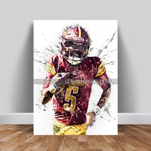 May include: A watercolor-style illustration of a football player wearing a burgundy and gold uniform with the number 5 on the front. The player is holding a football and has a determined expression on his face.