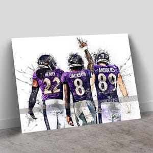 May include: A digital painting of three football players in purple and black uniforms with the word "RAVENS" on their jerseys. The players are wearing numbers 22, 8, and 89. The background is white with splashes of paint.