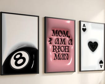 Ensemble de 3 affiches murales Hypebeast Y2K : Affiche Boule de cristal, Poster Homme riche, Affiche Carte As, Décoration d'appartement tendance, Affiches modernes de galerie