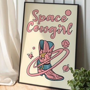 Space Cowgirl Poster, Retro Western Art Prints, Vintage Cowgirl Poster, Pink Cowgirl, Western Home Decor, Trendy Wall Art, Digital Download