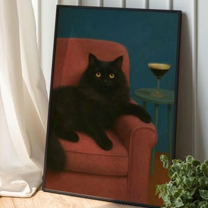 マティーニを持つ黒猫のアートプリント、マキシマリストの猫のアート、ファンキーなアパートの壁アート、レトロな猫のプリント、モダンなバーカートのアート、マティーニのプリント、デジタル