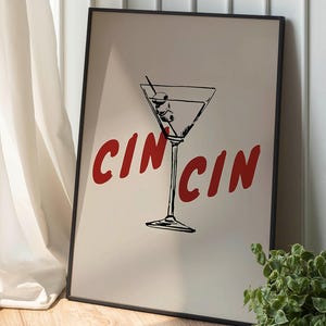 Póster Cin Cin, Arte de pared retro para cocina, Arte de pared de cócteles, Decoración vintage para bar, Arte de pared para regalo, Póster vintage de Cheers, Bar, Descarga digital
